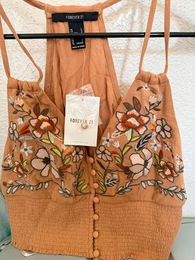 Forever 21 Peach Embroidered Floral Button-Front Crop Top